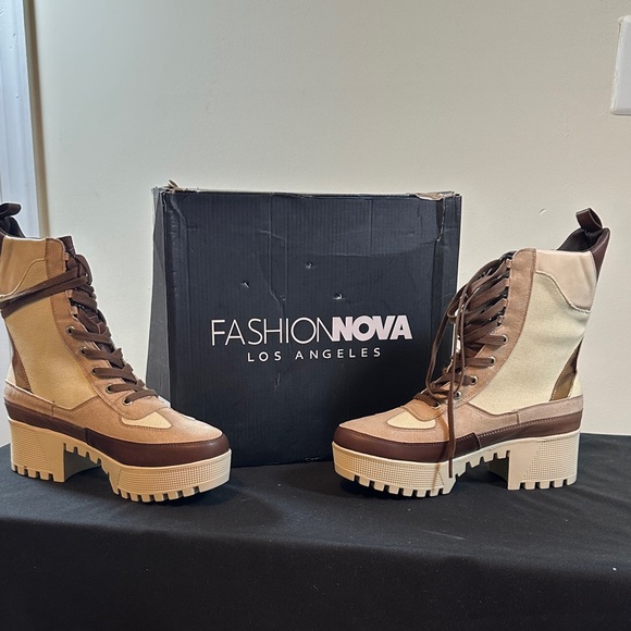 Fashion Nova Lace Up Tan and Brown Boots - Picture 2 of 3